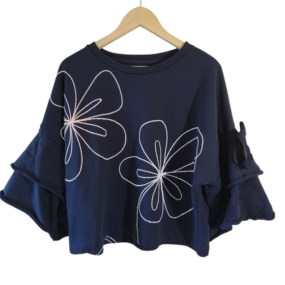 Parker Oamara Navy Blue Crewneck Floral Topstitch Cotton Blouse XL Artsy Boho - Picture 3 of 12
